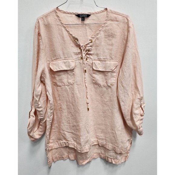 Ellen Tracy Tops - Company Ellen Tracy Womens Peach Linen Blouse XL Lace Up Tab Sleeve Hi-Low Top